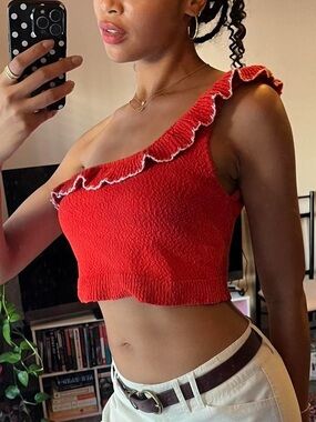 Urban Outfitters red orange knit ruffle top, one shoulder, white trim